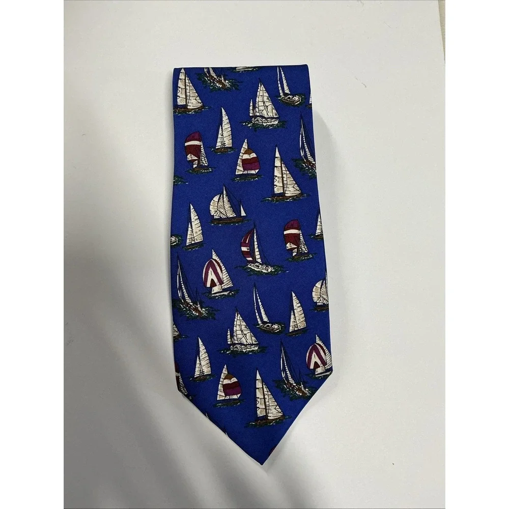 Beaufort Tie‎ Rack Blue Silk Necktie with Sailboat Pattern Made in Italy 58.5